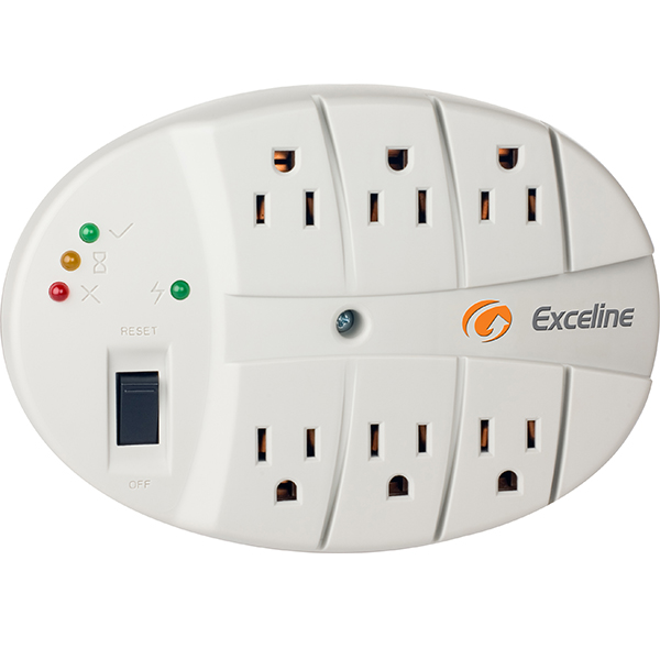 The Exceline 6-outlet electrical surge protector in white by Kasman Corporation.