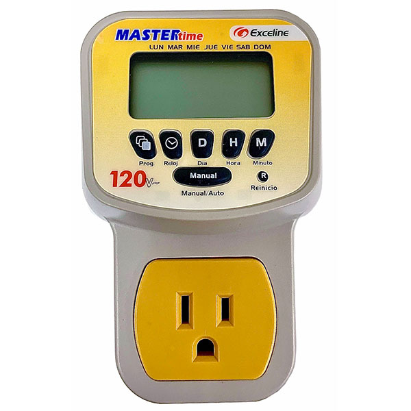 Front view of the yellow and white Exceline programmable outlet by Kasman Corporation.