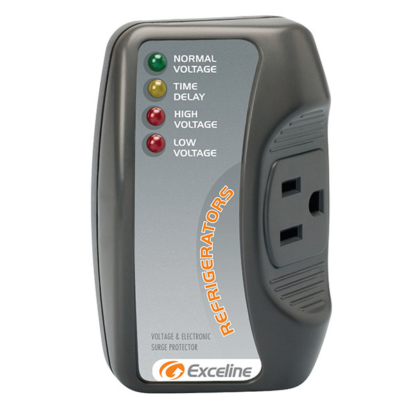 Front view of the gray Exceline appliance surge protector by Kasman Corporation with four voltage indicators on the front.