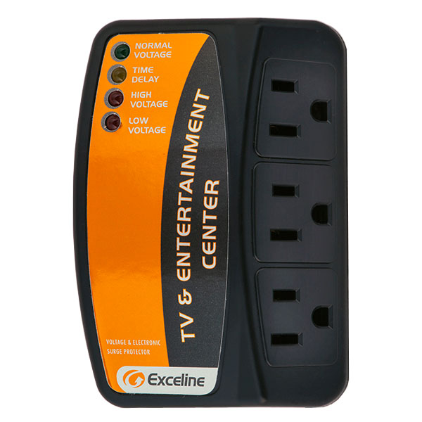 Front view of the Exceline 3-outlet electronic surge protector by Kasman Corporation with black and orange coloring and four voltage lights.