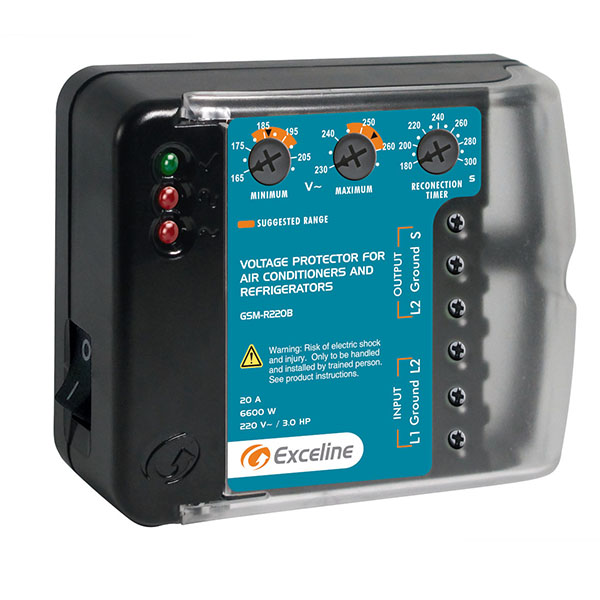 Front view of the black and clear high-capacity Exceline electronic surge protector by Kasman Corporation without wall outlets.