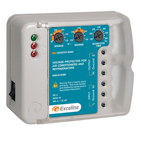 Front view of the high-capacity Exceline electronic surge protector by Kasman Corporation with no plugins.